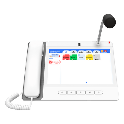 Teléfono IP Color Blanco Android 9.0 Empresarial para voceo 20 líneas SIP, pantalla táctil, Wi-Fi y Bluetooth, PoE, Voceo/ Musica por Multicast