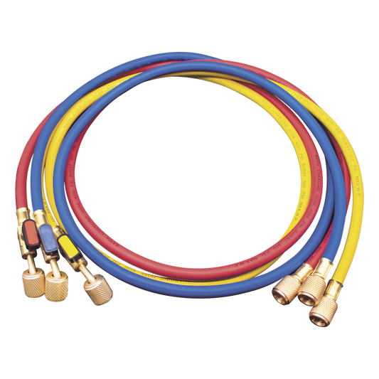 Juego de Mangueras de Refrigerante MM360 / 3 Mangueras 150 cm con Válvulas de Cierre / Presión Trabajo 55 bar (800 psi) / Presión Ruptura 276 bar