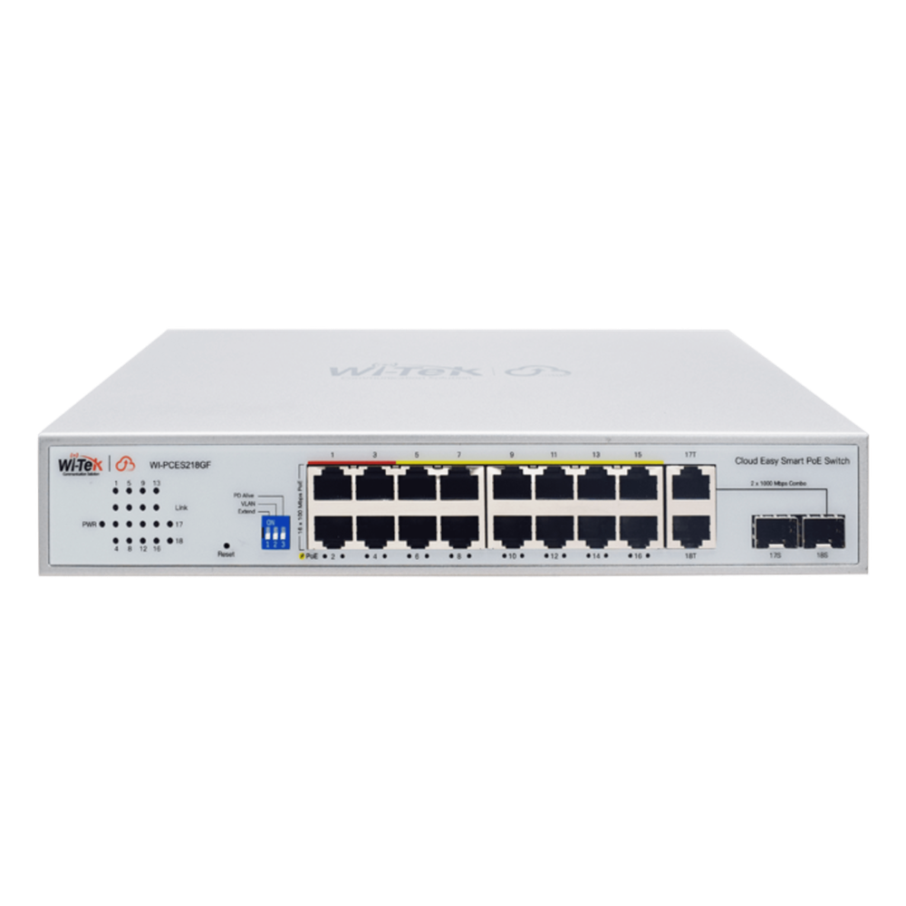 Switch PoE / Administración en la nube / Con 16 puertos 10/100 Mbps PoE af/at (Puertos 1-4: bt 90W) / 2 Puertos Uplink 10/100/1000 Mbps / 1 Puerto