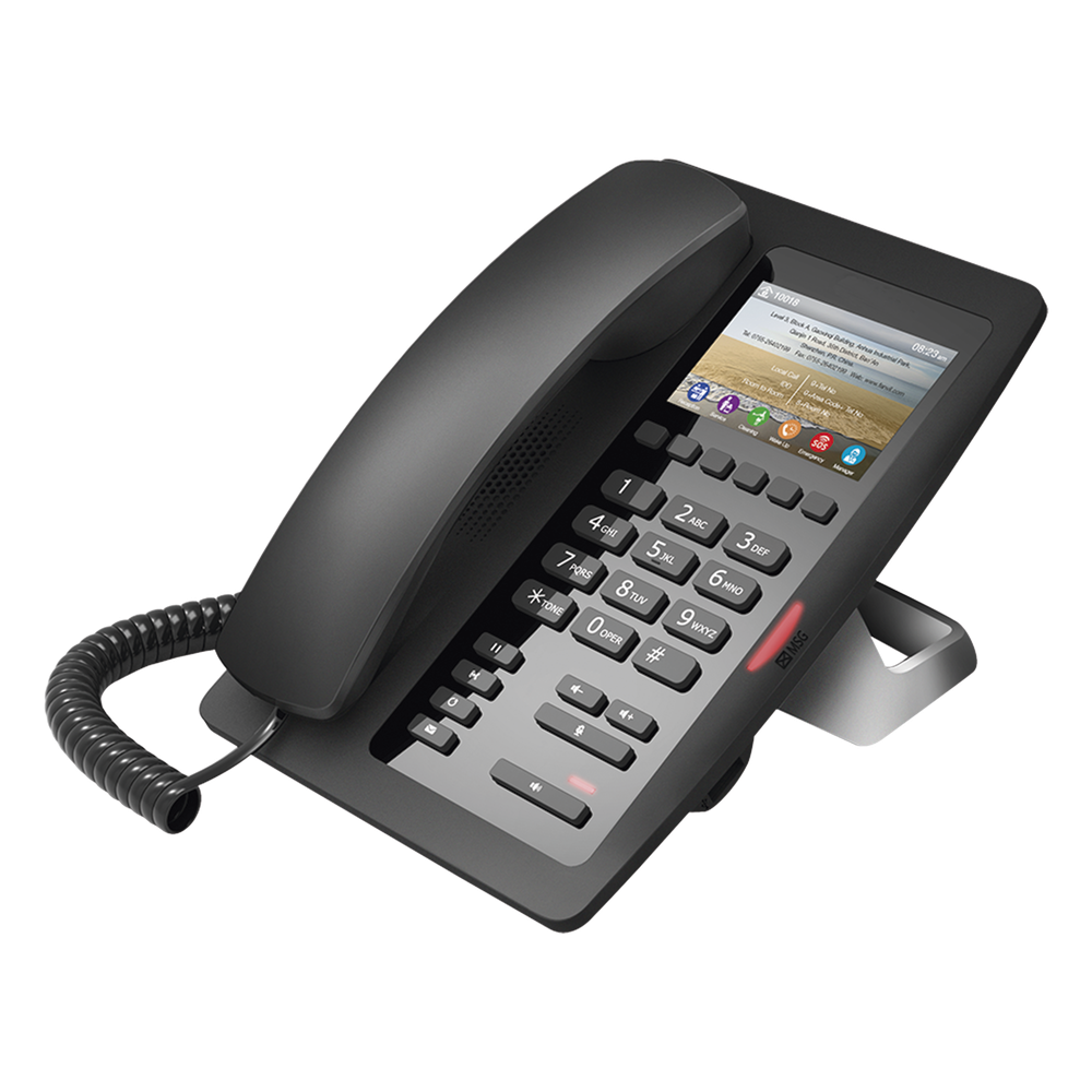 Teléfono IP Hotelero / Pantalla LCD Color 3.5" / 2 Líneas SIP / 6 Teclas Programables Hotline / Puerto USB Carga / PoE 802.3af / Personalizable con