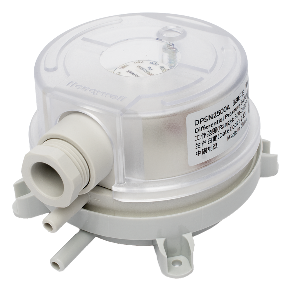 Presostato diferencial de aire para ductos con ajuste por perilla, rango 500 a 2500 Pa, contacto SPDT, para monitoreo de filtros y ventiladores