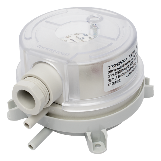 Presostato diferencial de aire para ductos con ajuste por perilla, rango 500 a 2500 Pa, contacto SPDT, para monitoreo de filtros y ventiladores