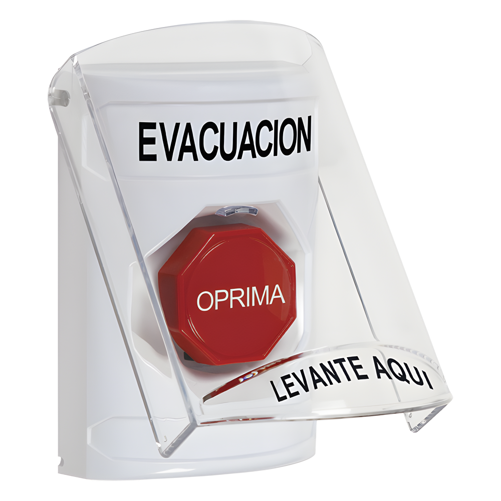 Botón de Evacuación, Texto en Español, Tapa Protectora de Policarbonato Súper Resistente, Restablecimiento con Llave