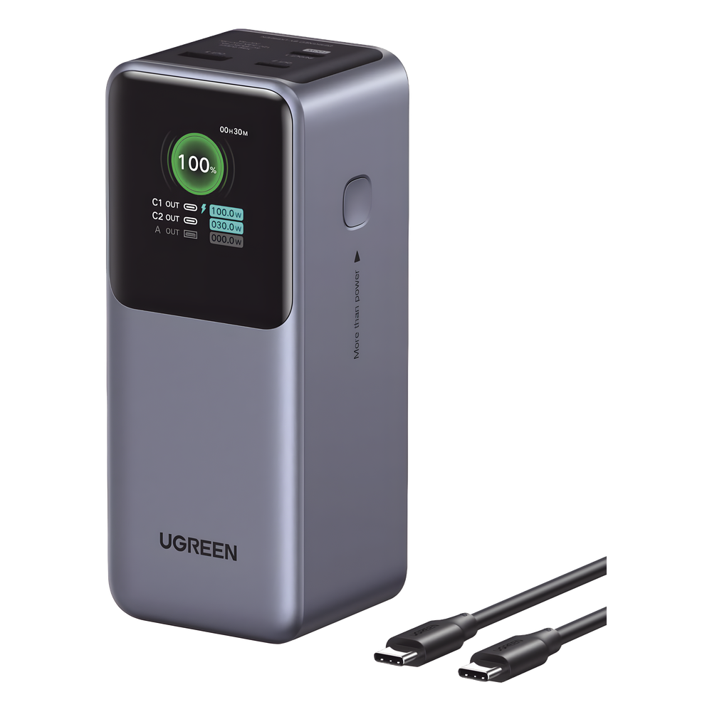 Power Bank de 20000mAh | 3 Salidas 130W Max. | USB-A + 2 USB-C | PD 3.0 | QC3.0 | FCP | SCP | Pantalla Inteligente | Carcasa Ignifuga | Color Gris |