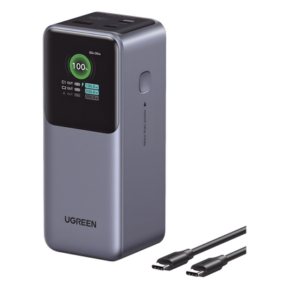 Power Bank de 20000mAh | 3 Salidas 130W Max. | USB-A + 2 USB-C | PD 3.0 | QC3.0 | FCP | SCP | Pantalla Inteligente | Carcasa Ignifuga | Color Gris |