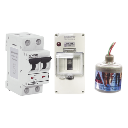 Kit de Centro de Carga Para Corriente Directa, Breaker de hasta 800 Vcc de 32 A con Supresor de Descargas Atmosféricas