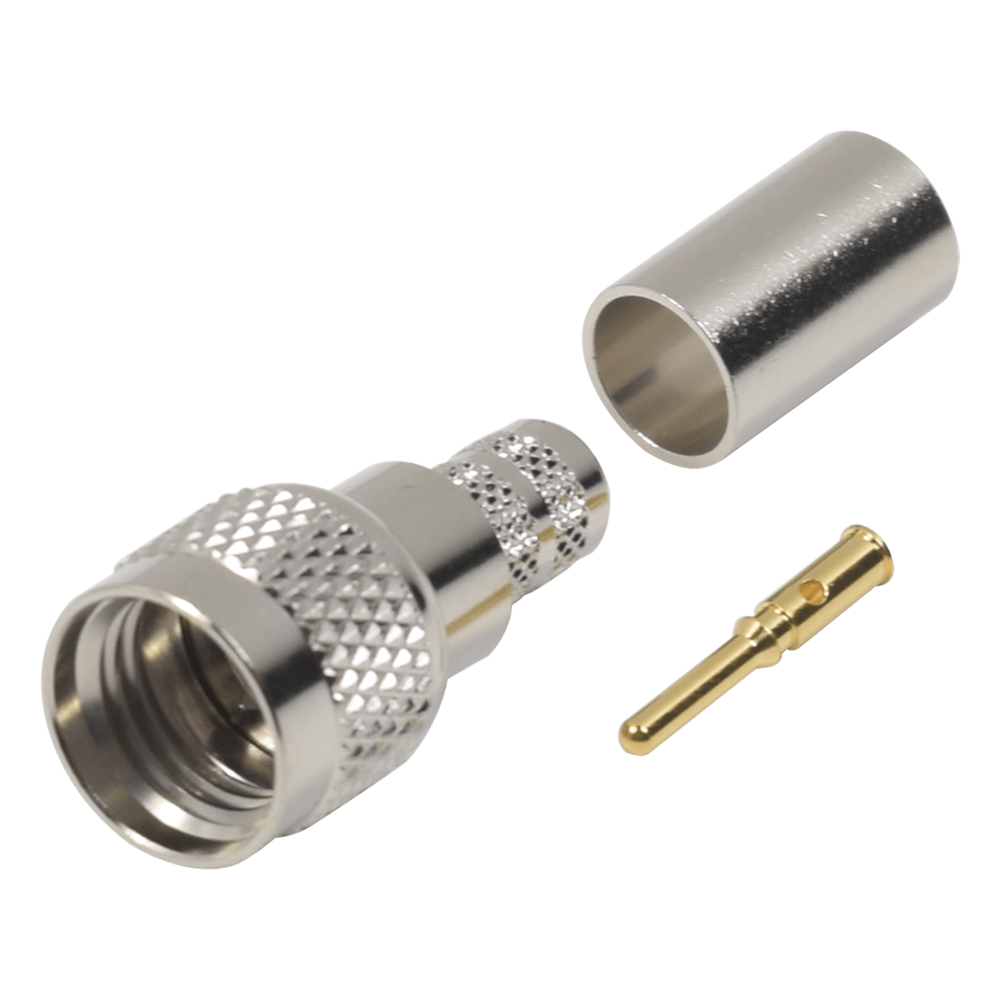 Conector Mini-UHF Macho, 50 Ohm de Anillo Plegable para LMR-240, RG-8/X, 9258, Niquel/ Oro/ Delrin