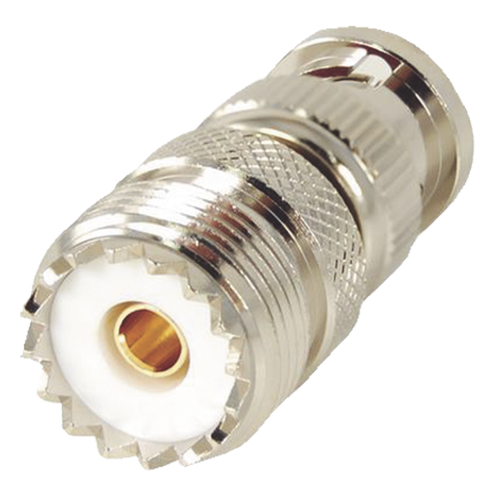 Adaptador en Linea para 50 Ohm, Conector BNC Macho-UHF Hembra (SO-239), Níquel/ Oro/ Delrin