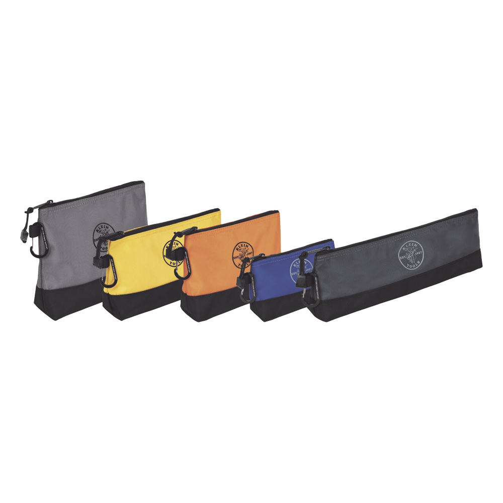 KIT 5 Bolsos Ultra Resistentes para Herramientas con Base y cierre Zipper, Colores: gris claro, amarillo, naranja, azul, gris oscuro. Todos con