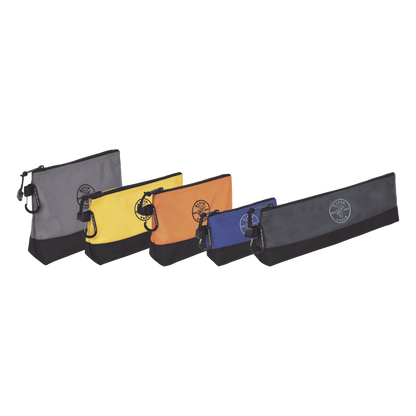 KIT 5 Bolsos Ultra Resistentes para Herramientas con Base y cierre Zipper, Colores: gris claro, amarillo, naranja, azul, gris oscuro. Todos con