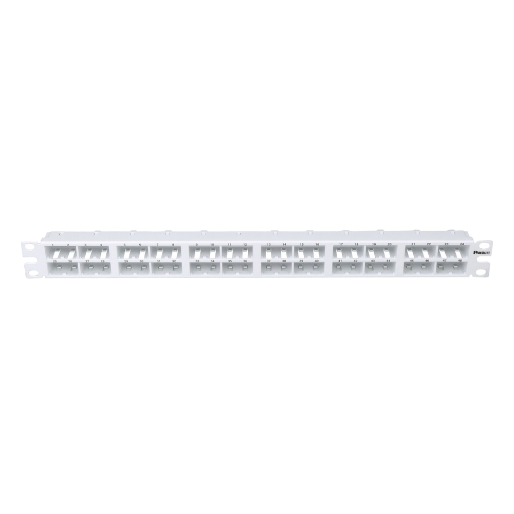 Panel de Parcheo Modular Mini-Com (Sin Conectores), Plano, Sin Blindaje, Alta Densidad, de 48 Puertos, Color Blanco, 1 UR
