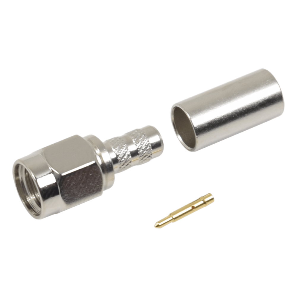 Conector SMA Macho de Anillo Plegable / Cable RG-58/U, RG-142/U, LMR-195 / 50 Ohm / 0 a 12.4 GHz / VSWR 1.3 / Cuerpo Níquel / Contacto Oro / Aislante
