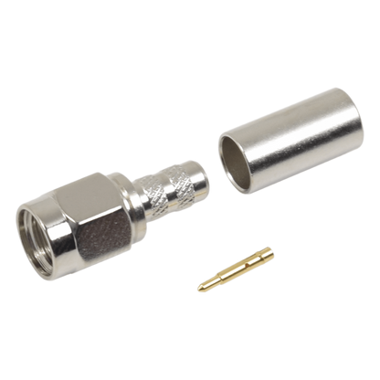 Conector SMA Macho de Anillo Plegable / Cable RG-58/U, RG-142/U, LMR-195 / 50 Ohm / 0 a 12.4 GHz / VSWR 1.3 / Cuerpo Níquel / Contacto Oro / Aislante