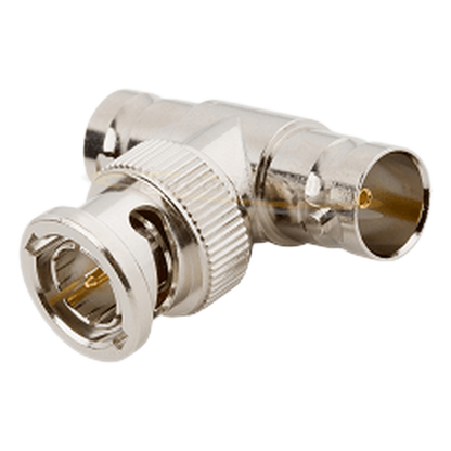 Adaptador en T para 50 Ohm de BNC Macho a Doble BNC Hembra, Troquelado, Níquel/ Oro/ Delrin