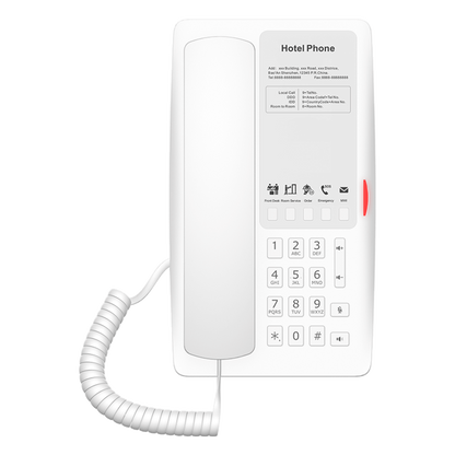 Teléfono IP Hotelero / 2 Líneas SIP / 5 Teclas Programables / Puerto USB-A de Carga / PoE 802.3af / Diseño Blanco / Audio HD Manos Libres
