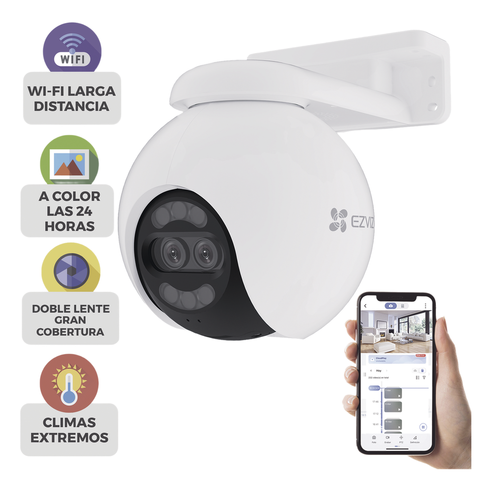 Cámara PT / Wi-Fi / Lente Dual / Panorámica 360° / Resolución 4K / Visión Nocturna ColorFULL / IA Detección de Humanos y Vehiculos / Alarma con