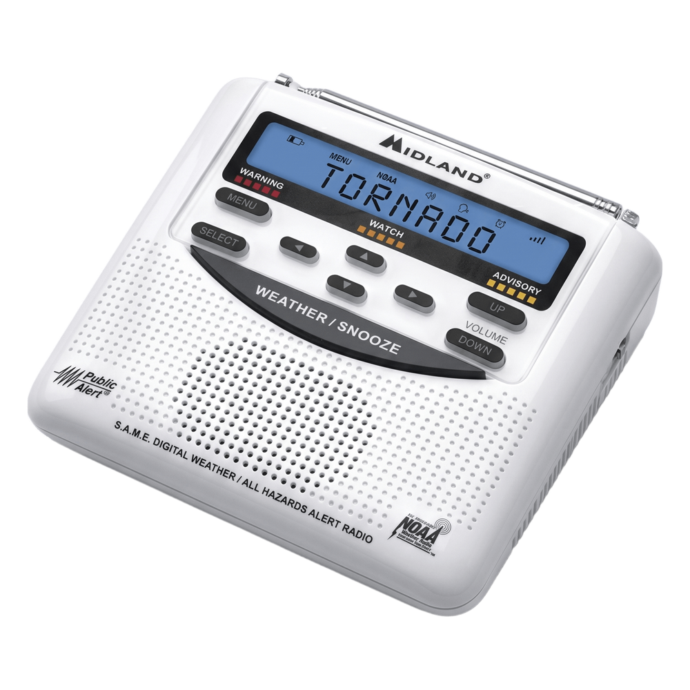 Radio de Alerta Meteorológica / 7 Canales NOAA / Tecnología S.A.M.E. / Sirena 90 dB / Respaldo por Baterías AA / Certificación Public Alert