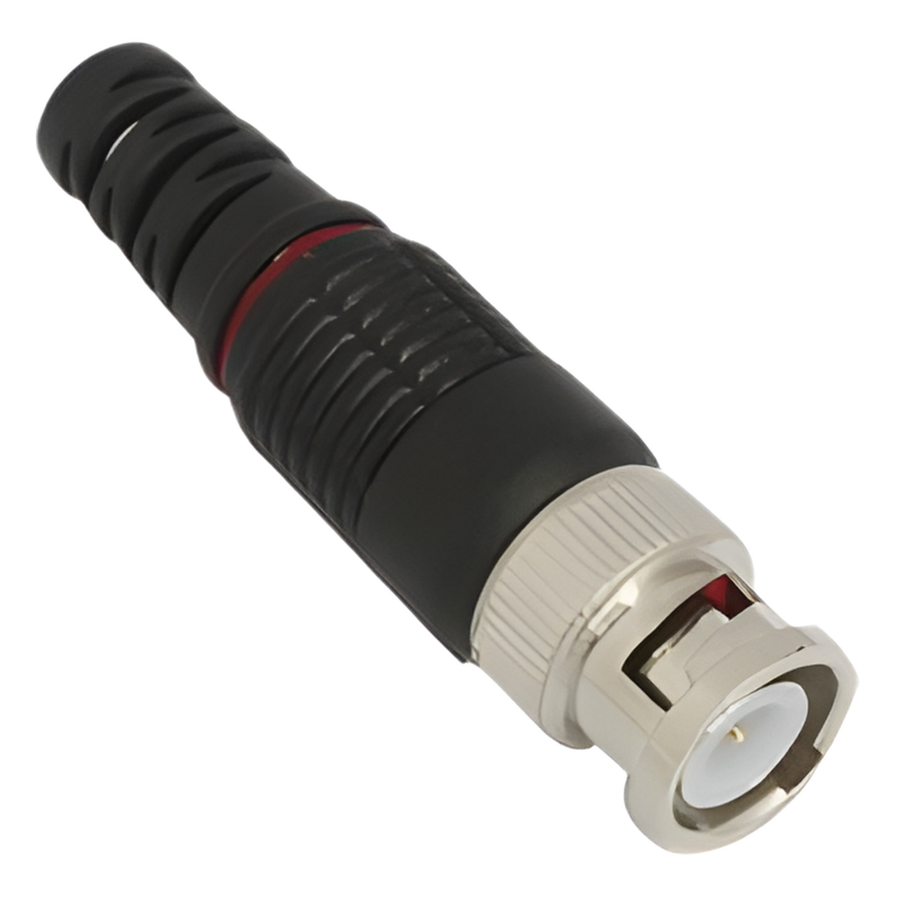 Conector BNC macho en 75 Ohm con Base de Alivio Plástica Negra para Cable Coaxial RG-59/ Níquel/ Oro / Teflón