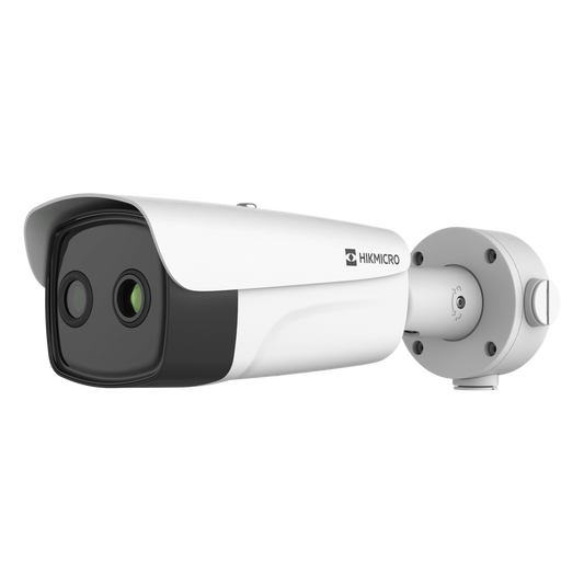 (HIKMICRO) Bala IP Bi-espectral / Térmica (384 X 288 / 9.7 mm) + Óptica (4 MP / 6.4 mm) / IA GUANLAN / Rango: -20°C a 650°C / 2°C Margen / Detección