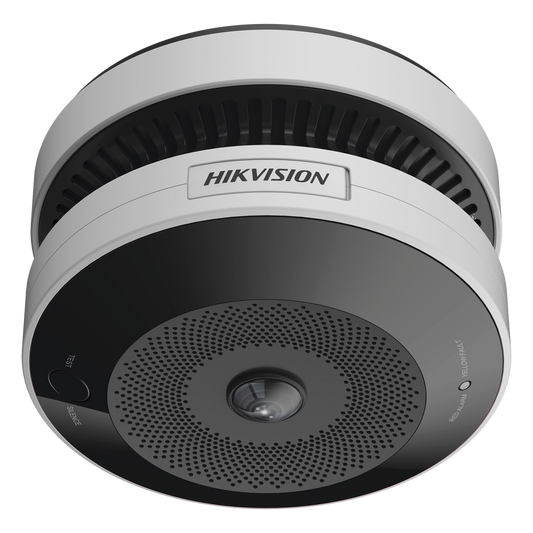 (HikFire) Mini Fisheye IP 4 Megapixel con Detector de Humo Puntual / Autónomo / Entrada y Salida de Alarma / 15 mts IR / PoE / WDR 120 dB / Alarma de
