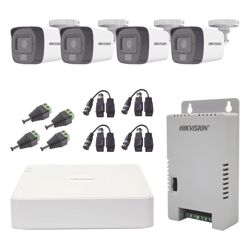 Kit TURBOHD 1080p / DVR 4 Canales / 4 Cámaras con Micrófono Integrado y 101° Visión / Luz Blanca + IR Visión Nocturna / Transceptores / Conectores