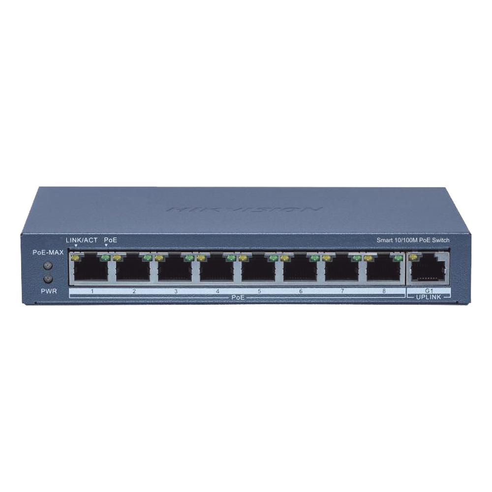 Switch Administrable PoE+ / 8 puertos 100 Mbps PoE+ / 1 puerto 1000 Mbps de Uplink / PoE hasta 300 Metros / Conexión Remota desde Hik-ParnerPro / 110