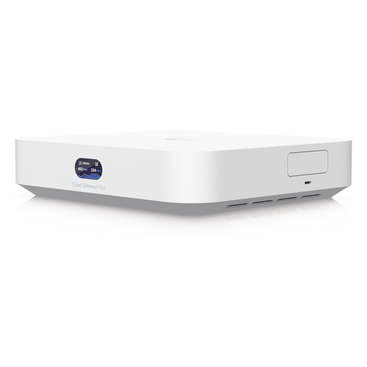 UCG Max Cloud Gateway de 2.5 GbE Compacto con Soporte para hasta 30 Dispositivos UniFi, 300+ Clientes, Enrutamiento IPS de 2.3 Gbps y Almacenamiento
