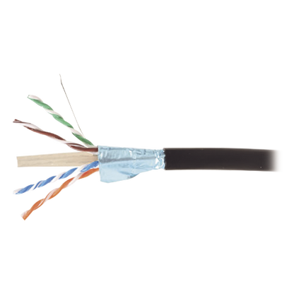 Bobina de Cable Blindado F/UTP de 4 Pares, Para Exterior con Gel, Cat6A (23 AWG), Industrial para Climas Extremos, Enterrado Directo, Color Negro