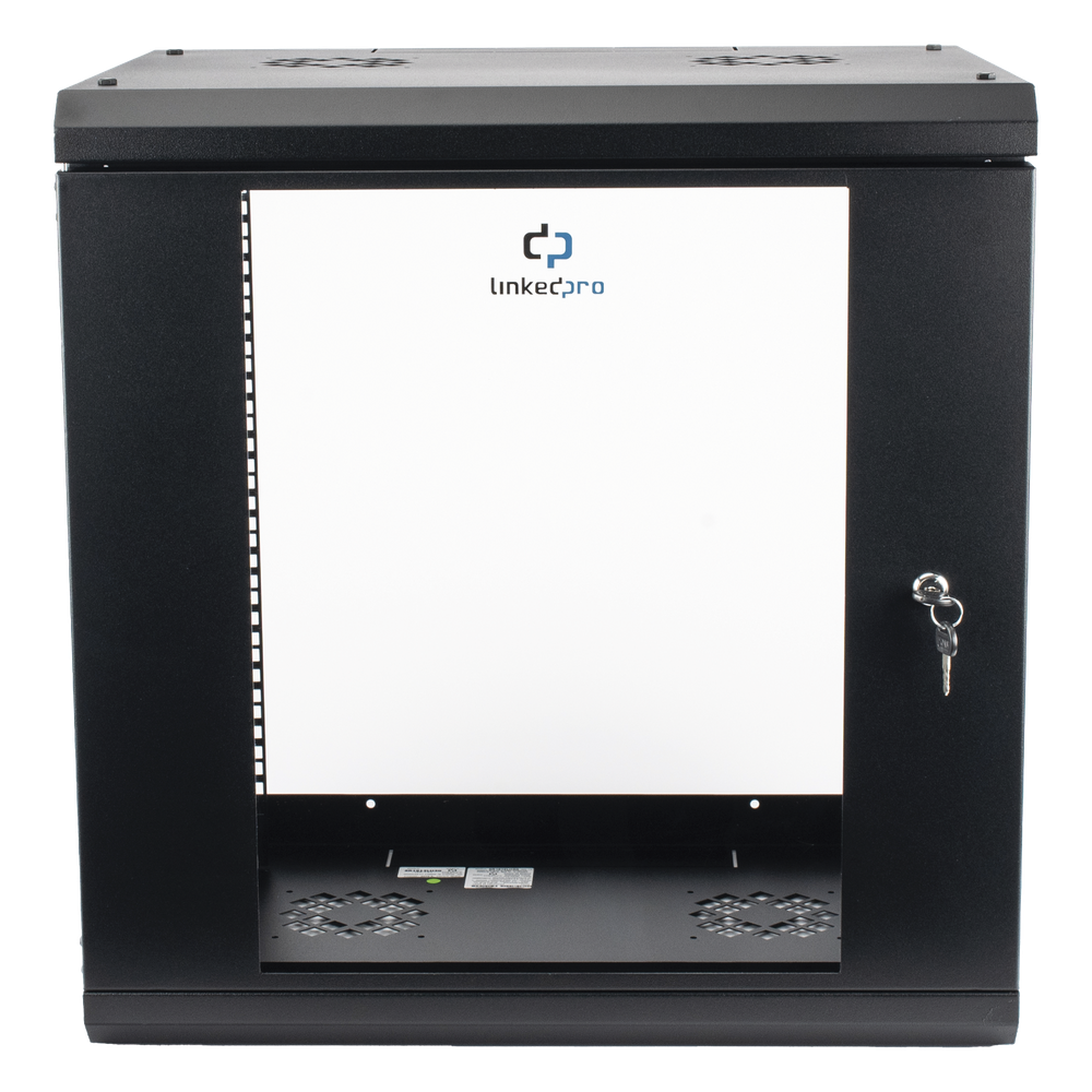 Gabinete de Pared de 12U con Puerta de Cristal Templado, 455 mm de Profundidad, Rack de 19'', Acero Reforzado Color Negro.
