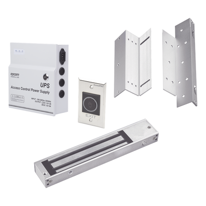 Kit para control de acceso incluye Fuente de 12VCD con respaldo de batería/ Chapa magnética de 600Lbs / Montajes L y Z / Botón de salida