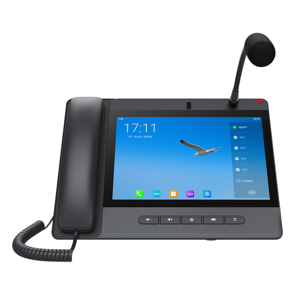 Teléfono IP Android 9.0 Empresarial para voceo 20 líneas SIP, pantalla táctil, Wi-Fi y Bluetooth, PoE, Voceo/ Musica por Multicast, puertos Gigabit