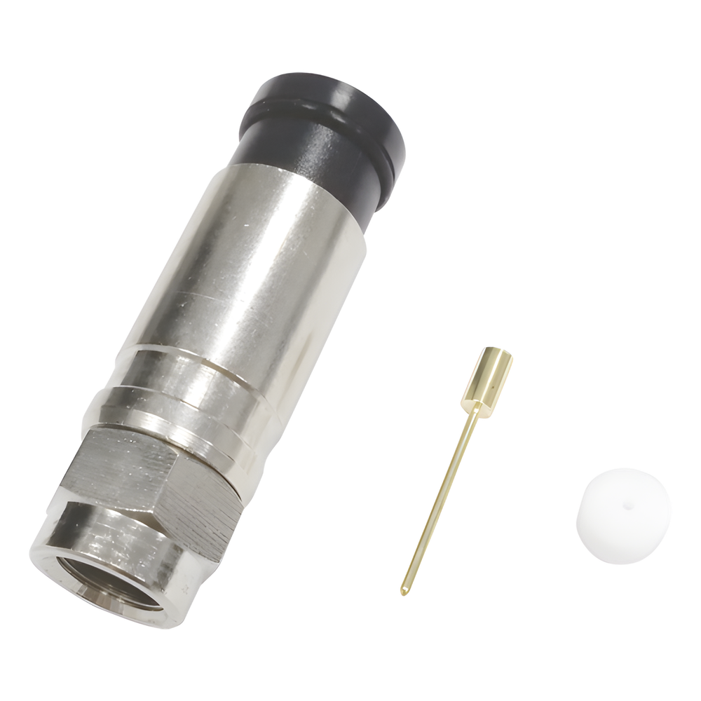 Conector F Macho de Compresión Axial con Borne Negro para instalar en Cable Coaxial RG-11, 75 Ohm, Bronce-Niquelado