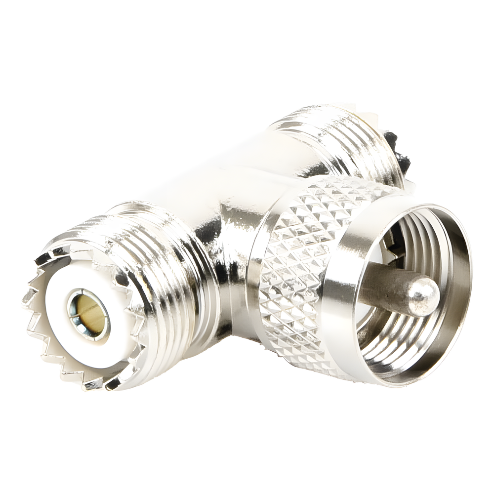 Adaptador en forma T, de Conector UHF Macho (PL-259) a Doble UHF Hembra (SO-239), Níquel/ Plata/ Delrin