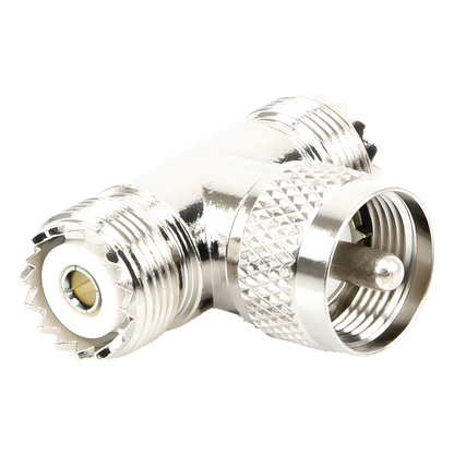 Adaptador en forma T, de Conector UHF Macho (PL-259) a Doble UHF Hembra (SO-239), Níquel/ Plata/ Delrin