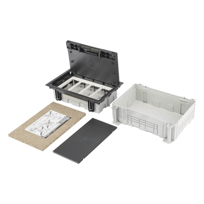 Caja Para Instalación en Pavimento para Voz, Datos o Contactos Eléctricos / Capacidad para 4 Módulos / Espacio Embellecedor en la Tapa / Profundidad