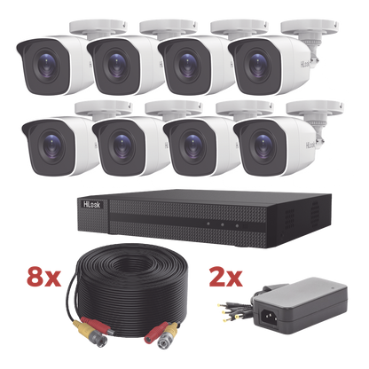 Kit TurboHD / DVR 8 Canales 1080p Lite / 8 Cámaras bala 1080p metalicas / 8 cables de 20 metros / 2 fuentes de 4 canales