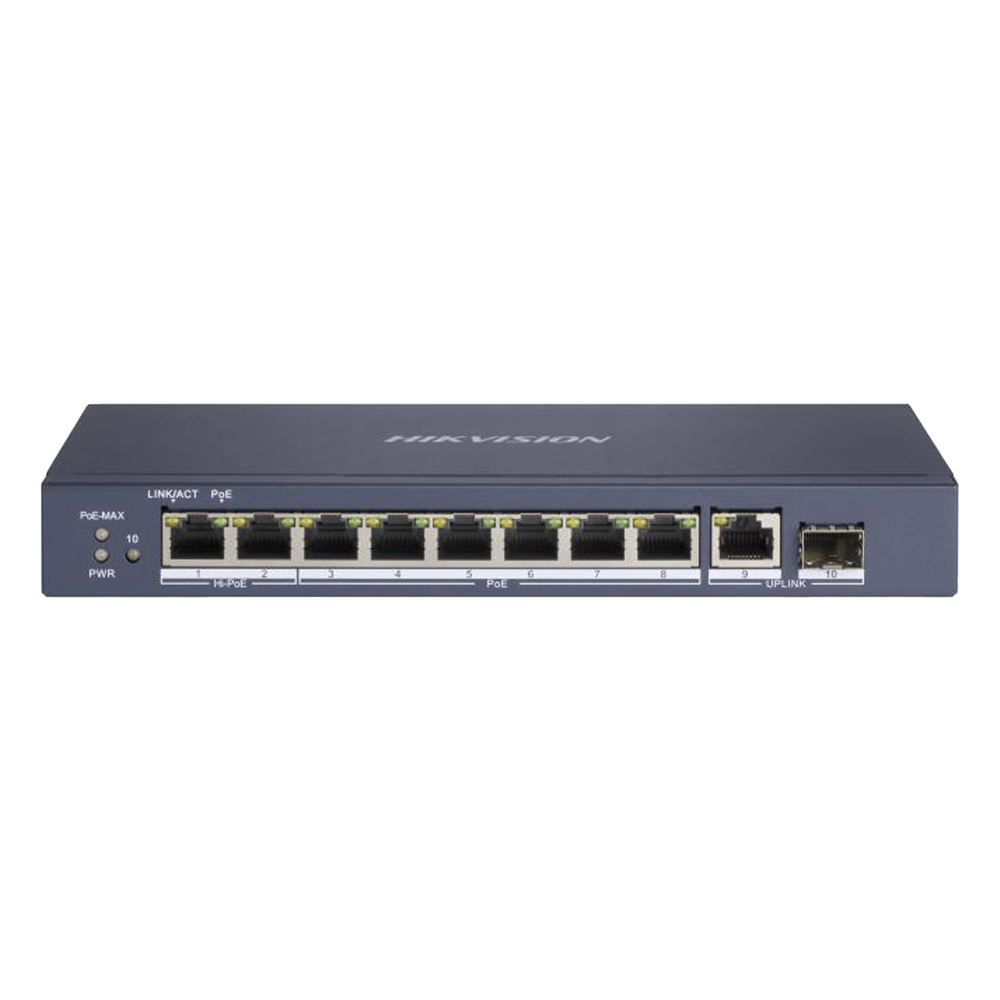 Switch PoE+ / No Administrable / 7 Puertos 1000 Mbps 802.3 af/at (30 W) / 2 Puertos 1000 Mbps Hi-PoE (90 W) / 1 Puertos 1000 Mbps Uplink / 1 Puerto