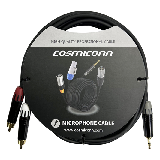 Cable 3.5mm a 2 RCA, conectores negros, con diferenciador de blanco y rojo en RCA MT380-RD - MT380-WH - MTP3C-BG, length 10m