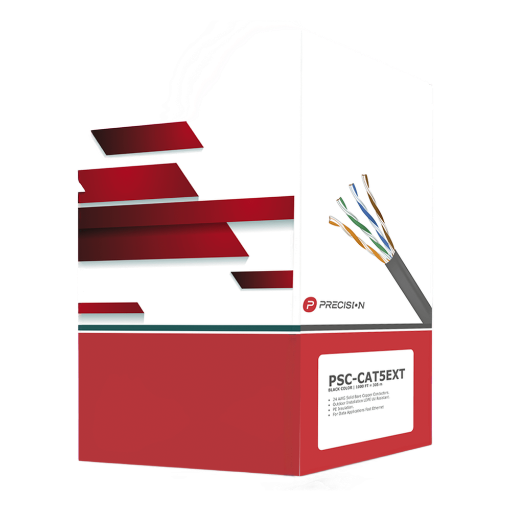 Bobina de Cable de UTP de 4 Pares Cat5e de 305 Metros (1000 Pies), 100% Cobre, LDPE Resistente a Rayos UV, Color Negro, 24 AWG, Uso en Exterior, Para