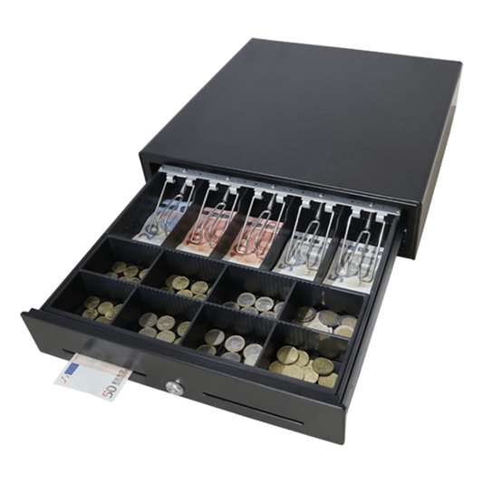 Cajón para Efectivo / Serie MK / Apertura Manual Push Open / Sin Electricidad / Insertos Ajustables Billetes y Monedas / Cubierta de Acero / 410 mm
