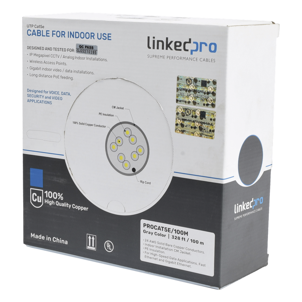 Cable Cat5e de Alto Rendimiento, con Certificaciones ETL, UL, Color Gris, de 100 Metros (328 Pies) para Aplicaciones en CCTV, Redes de Datos. Uso