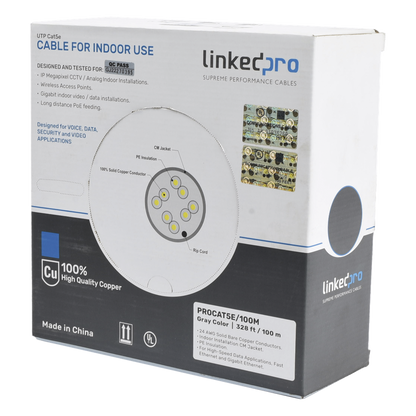 Cable Cat5e de Alto Rendimiento, con Certificaciones ETL, UL, Color Gris, de 100 Metros (328 Pies) para Aplicaciones en CCTV, Redes de Datos. Uso