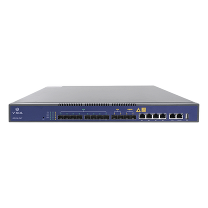 OLT de 8 puertos GPON con 8 puertos Uplink (4 puertos Gigabit Ethernet + 2 puertos SFP + 2 puertos SFP+) hasta 1,024 ONUs