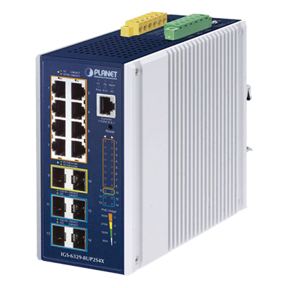 Switch Industrial Capa 3 de 8 Puertos 10/100/1000T PoE 802.3bt, 2 Puertos SFP 1 G/2.5 G, 4 Puertos SFP 10G, Instalación en Pared o Puerto DIN.