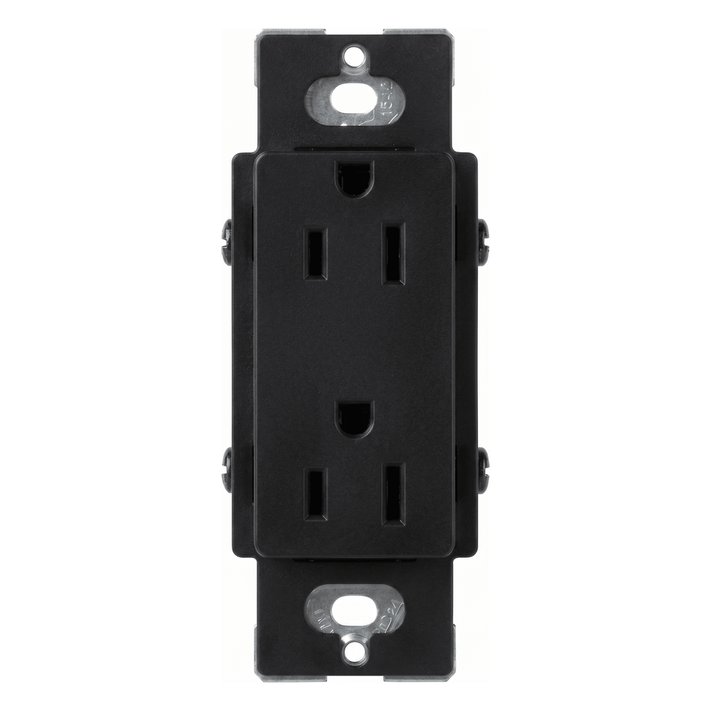Tomacorriente dúplex de 15 A y 125 V, color negro brillante, familia Claro, apertura estilo Designer para placas de pared Lutron sin tornillos (placa