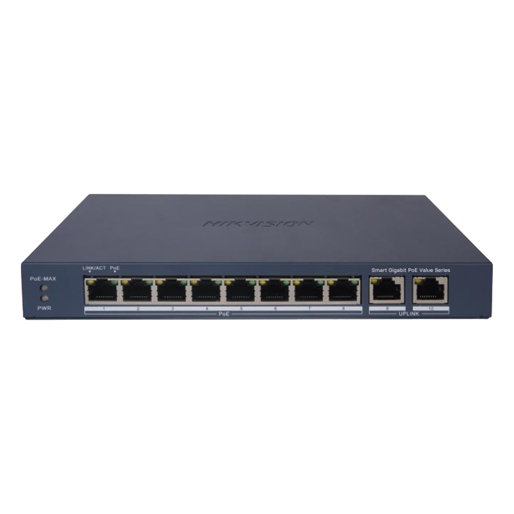 Switch Gigabit PoE+ / Administrable / 8 Puertos 1000 Mbps PoE+ / 2 Puertos 1000 Mbps de Uplink / Configuración Nube Hik-PartnerPro / Modo Extendido