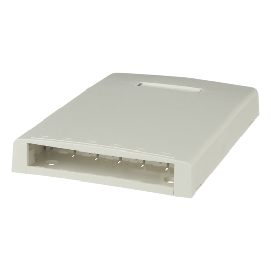 Caja de Montaje en Superficie, con Accesorio para Resguardo de Fibra Óptica, para 6 Módulos Mini-Com, Color Blanco Mate