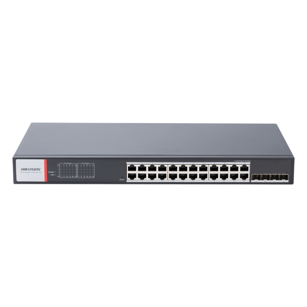 Switch Gigabit PoE+ / Industrial / Administrable / 24 Puertos 1000 Mbps PoE+ / 4 Puertos SFP / Configuración Nube Hik-PartnerPro / Modo Extendido