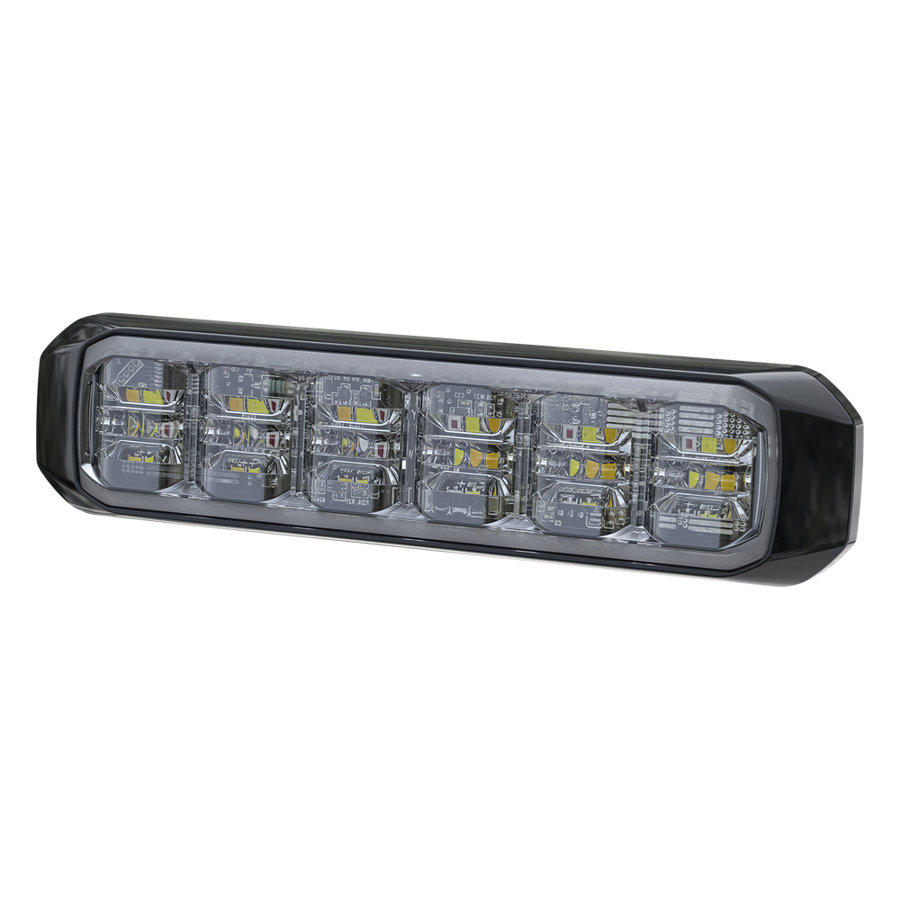 Luz Auxiliar de 18 LED, Tricolor, Rojo/Blanco/Ambar, Lente Transparente, Bisel Negro, SAE