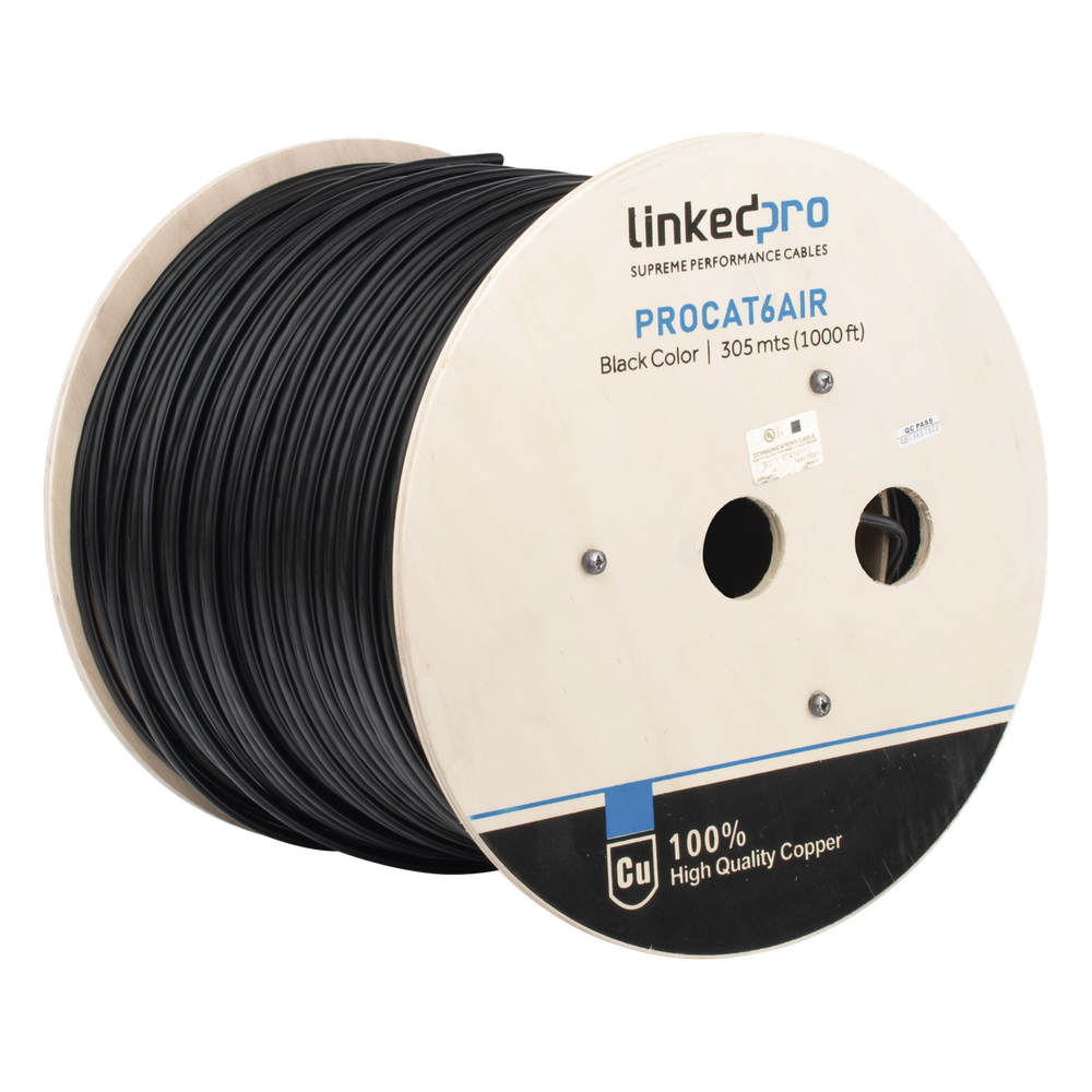 Bobina de Cable FTP con Mensajero de Acero de 305 Metros (1000 Pies) Cat6+ Calibre 23, Color Negro, para Aplicaciones en Video Vigilancia y Redes de
